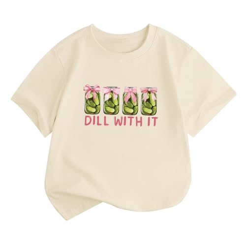 Oiiaayy Dill Pickle Lover Shirt for Girls Pickle Jar T-Shirts Funny Bow Graphic Tees Kids Cute Cucumbers Short Sleeve Tops(Apricot 9-10 Years)