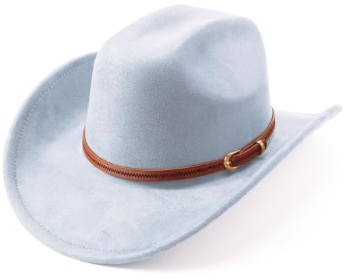 Image of DRESHOW Cowboy Hat for Women and Men Wide Brim Western Cowboy Cowgirl Hat with Belt Buckle Unisex Rolled up Caps