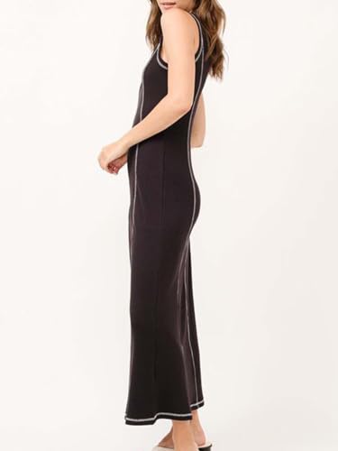 Image of Women's 2025 Summer Sundress Elegant Casual Crew Neck Sleeveless Knit Striped Bodycon Maxi Dress