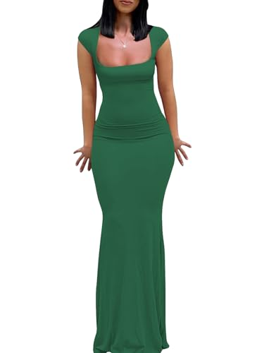 Image of Womens Summer Cap Sleeve Square Neck Elegant Casual Lounge Bodycon Slim Maxi Evening Party Long Dress