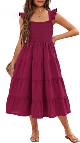 RETSUGO Girls Dresses Summer Flutter Sleeve Swing Casual Solid Color Tiered Smocked Dress 6-14 Years Old