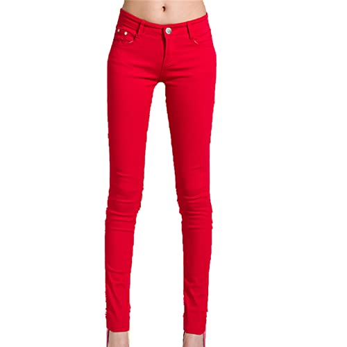 Générique Pantalon en Jean Coupe Slim pour Femme Pantalon Crayon décontracté Taille Moyenne Pantalon en Jean Extensible de Couleur Unie avec Poches (Rouge1,31)
