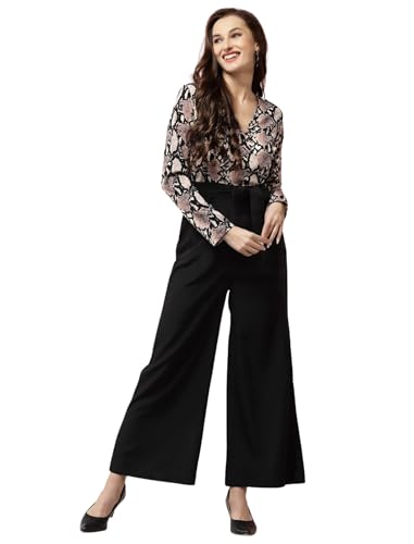 Image of LONDON BELLY Women's Regular Fit Animal Pattern Polyester Blend Maxi Jumpsuit with V-Neck Long Sleeves and Adjustable Waist Tie Closure Type | Stretchable Jumpsuit for Women