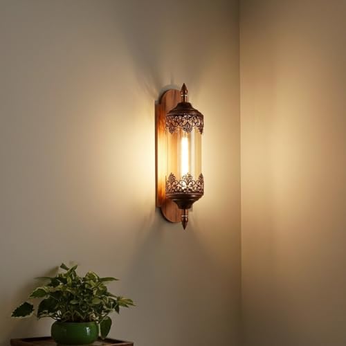 Image of Keylus Antique Wall Light for Living Room Bedroom Corridor, Moroccan Lantern Style Metal & Glass Wall Sconce, (Bilb Not Included),Pack of 1