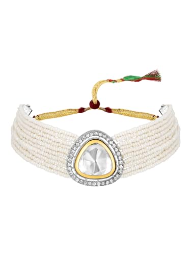 Image of ASMITTA Jewellery White Kundan Pearl Choker Necklace Set for Women with Earrings Bridal Jewellery Set for Wedding & Traditional