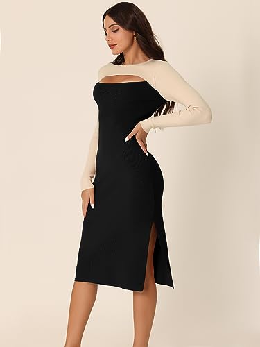 Image of Seta T Women's Long Sleeve Crew Neck Stretch Slim Cutout Color Block Ribbed Knit Bodycon Midi Sweater Dress
