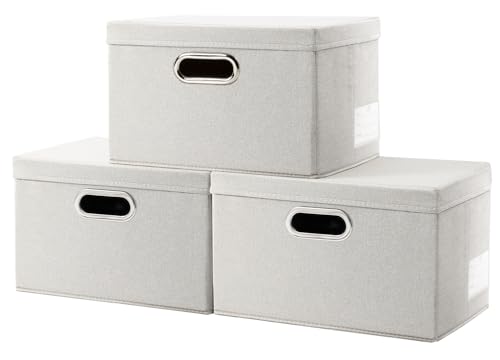 Image of PRANDOM Storage Bins with Lids [3-Pack] Linen Fabric Foldable Storage Boxes Organizer Containers Baskets Cube with Cover for Bedroom Closet Office Beige（11.4X8.6X6.7