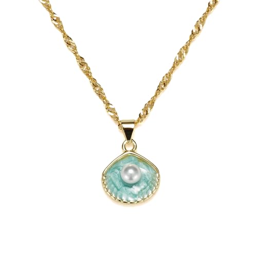 Shell Pearl Necklace Charm Necklace Beach Jewelry for Women Dainty Gold Chain Simple Summer Jewelry Blue Seashell Jewelry Gifts for Women