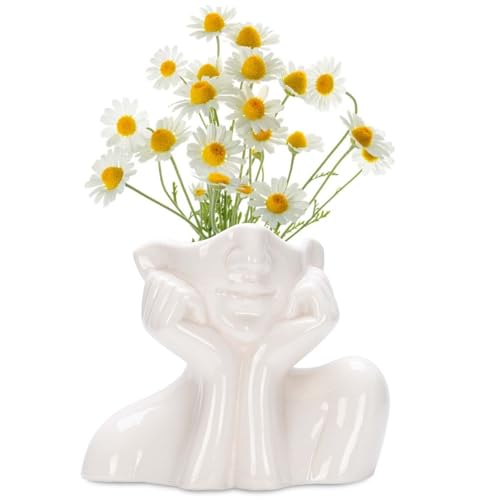 Kopf Gesicht Vase Keramik, L:14 cm, H:11.3, W:8cm Moderne Nordischer Stil Kreativität Gesichtsvase, Weiß Keramik Blumenvase Tischdeko für Garten, Rasen, Schreibtisch, Wohnzimmer, Schlafzimmer
