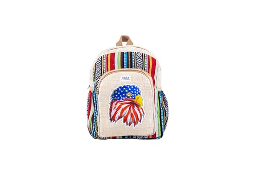 RARA Mochila de cânhamo média feita à mão com design exclusivo, muito popular no comércio justo e bolsa leve do topo do Himalaia., Águia vermelha, Medium, Feito à mão