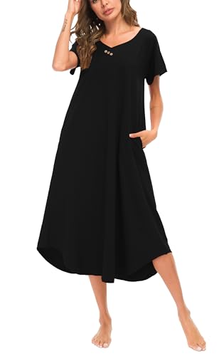 YOZLY Nightgowns for Women Short Sleeve Long Night Gowns Soft V Neck Sleepwear with Pockets, Black, X-Large
