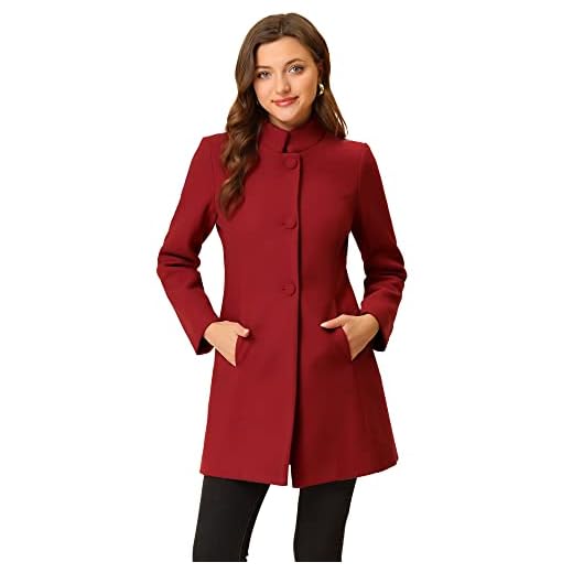 Allegra K Cappotto invernale da donna con colletto alla coreana, monopetto, capispalla, Rosso, Medium