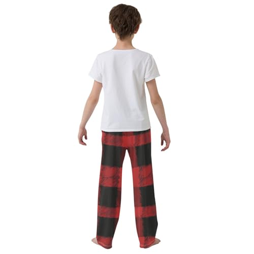 Black and Red Plaid Boys Long Pants Soft Trousers Elastic Waist Kids Lounge Bottoms with Pockets S-XL3