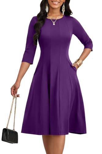 Image of CLOCOR Casual Midi Dresses for Women A-Line Fit and Flare Elegant Church 3 /4 Sleeve Crew Neck Dress with Pocket