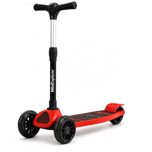 Image of MiniExplorer Rio Kids Kick Scooter for Boys & Girls 3-12 Years - Red | Adjustable Height Foldable Scooter with Rear Brake & Anti-Slip Deck | 3 Wheel /2 Wheel Outdoor Scooter for Kids