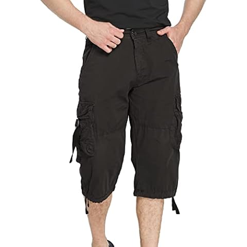 DONGD Mens Cargo Shorts 3/4 Relaxted Fit Capri Pants Below Knee Cargo Short Black Cover