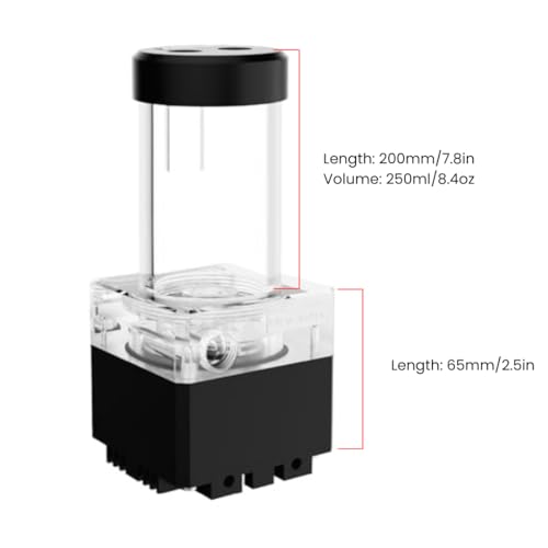 Image of dracaena.io High Flow 650L /H PC Water Pump Combo with Colorful LED and 250ml 200mm (7.8in) Reservoir - 12W, 0.7A, 65mm x 65mm x 265mm (2.6 x 2.6 x 10.4in), Black