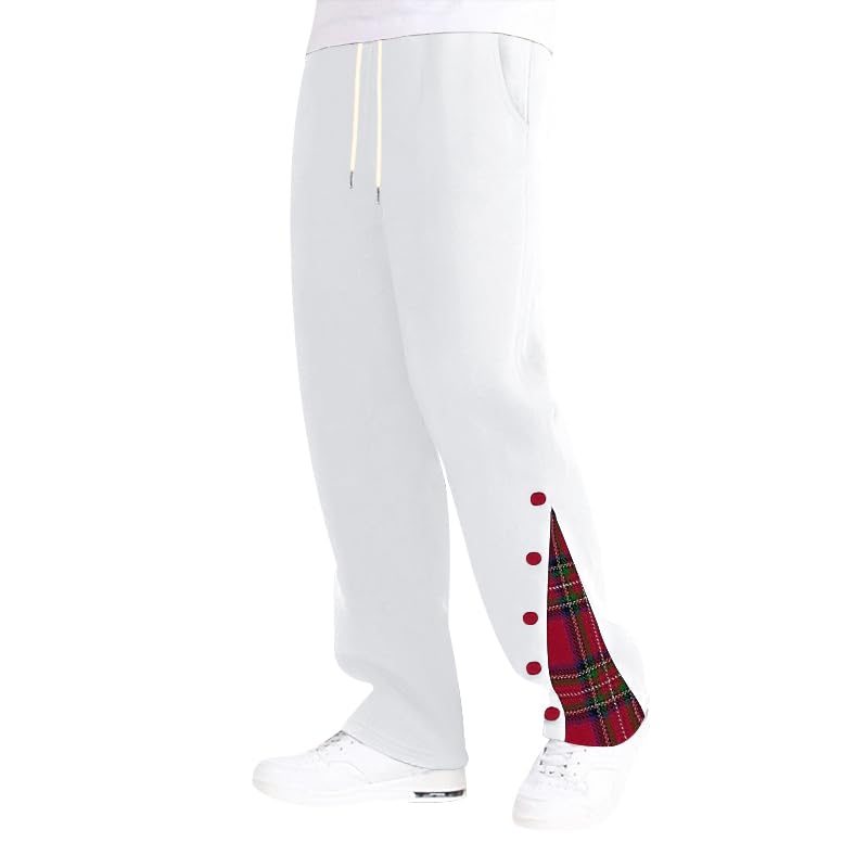 Mens Pants Plaid Print Casual Pants Side Button Decor Drawstring Elastic Waist Fall Winter Trousers Sweatpants