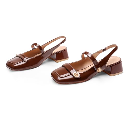 Image of Slingback Mary Jane Heels for Women Low Block Heel Closed Square Toe Pump Shoes Heels Classic Daily Office Dressy Shoes