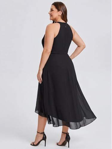 Image of Ever-Pretty Plus Women's Sleeveless Halter A Line Pleated High Low Plus Size Wedding Guest Cocktail Dresses 31926-DA