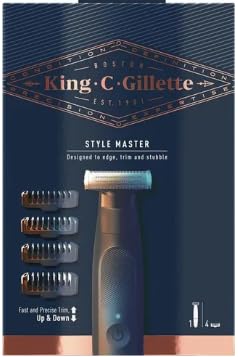 King C. Gillette Maquinilla de afeitar eléctrica Style Master, tecnología CenterCut para ofrecer profundidad, hoja afilada para 6 meses, 4 peines reguladores intercambiables, recortadora de barba para