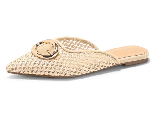 Coutgo Womens Mules Flats Metal Closed Pointed Toe Slip On Slides Summer Beach Shoes, Beige, Size 9