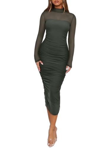 REORIA Women's Fall Mesh Sheer Long Sleeve Midi Ruched Bodycon Dress Sexy Slim Mock Neck Elegant Club Evening Party Cocktail Dresses Thyme Green Medium