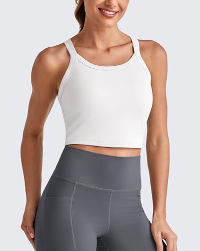 Image of G4Free Barefeel Cropped Workout Tops for Women Built in Bra Removable Padded Longline Sports Bras Racerback Yoga Tops