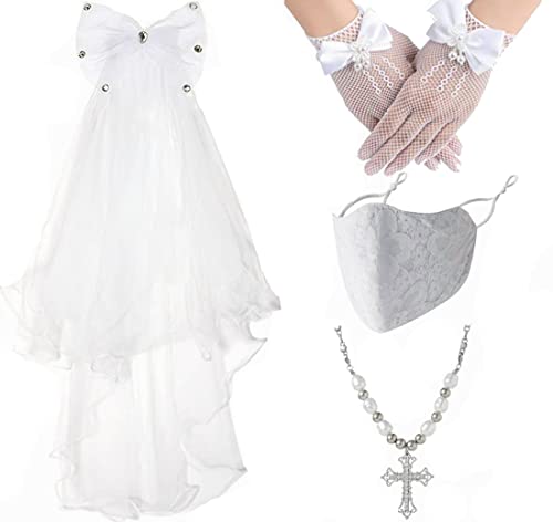 4 Pieces Girls First Communion Veils Set 1st Communion Holy Veil Headpiece Gloves & Necklace and Communion Face Covering for Wedding Flower Girl Veil Kids Party Wedding Formal Pageant