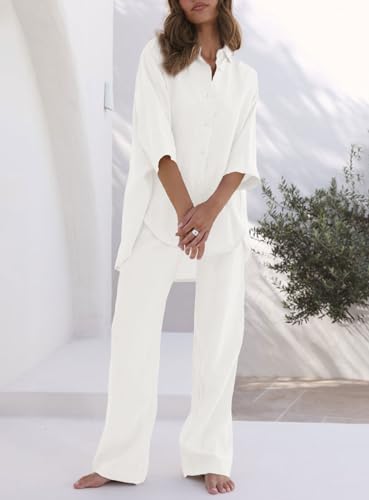 RAISECOM Women's 2 Piece Outfits Sets Button Down Half Sleeve Shirts and Long Pants Summer Casual Vacation Loungewear2