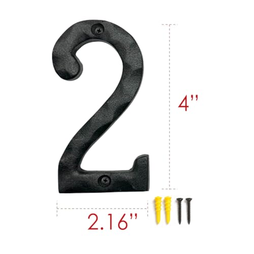 Image of NACH House Numbers for Outside, 4 inch Black Address Numbers for House - Number 2 - Rustic Numbers for Outside with Mounting Hardware