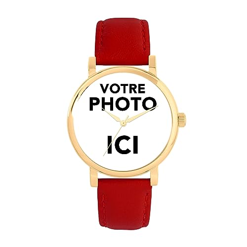 Toff London Cadeaux Photo personnalisés pour Femmes, Montre à Quartz Japonais avec Affichage analogique et Bracelet en Cuir Rouge, Montre gravée personnalisée