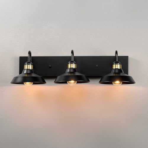 Image of Globe Electric 63000199 24 inch 3-Light Vanity Light, Matte Black, Brass Accents, Exposed Bulb, Bathroom /Makeup Mirror, Wall Light