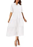 PRETTYGARDEN Women's Summer Long Dress Short Sleeve Lapel Casual Ruffle Flowy Maxi Dresses (Solid White,Medium)