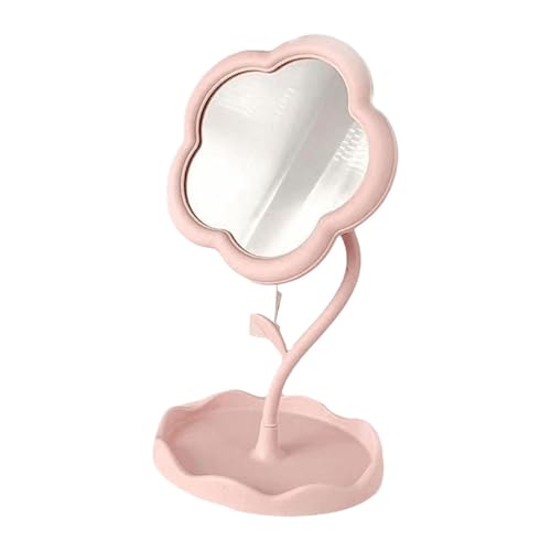 Miroir de Maquillage pour Bureau, Vanité En Forme de Fleur, Miroir de Vanité de Table, Réglable avec Rangement Miroir de Bureau, Portable Miroir Table pour Dortoir, Coiffeuse, Salle de Bain, Rose
