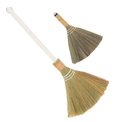 PRETYZOOM 2pcs Handwoven Grass Broom Set Soft Bristle Indoor Cleaning Broom with Detachable Handle for Dust Removal Home Kitchen and Living Room