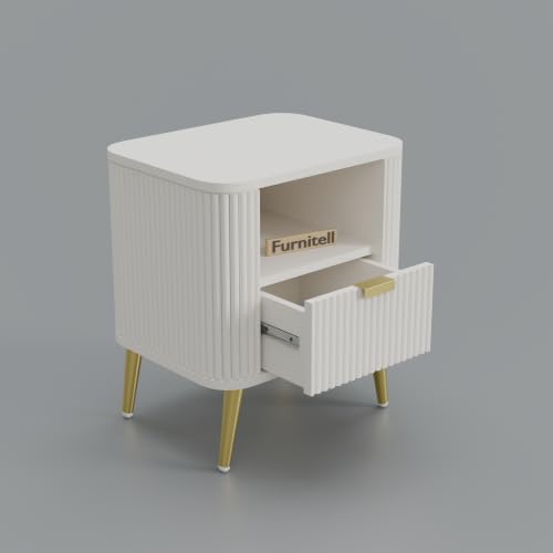 Image of Premium HDMR Wood Bedside Table with 1 Drawer & Open Storage Shelf, Fluted Nightstand with Golden Legs for Bedroom, Modern End Table, for Living Room, White Finish (18 x 14 x 18 Inch)