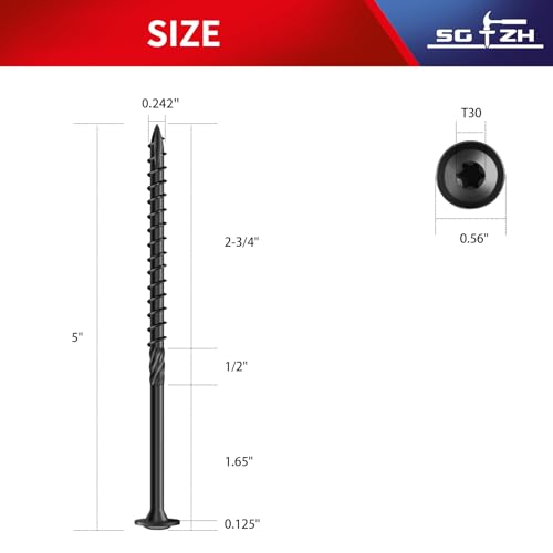 Image of #14 x 5 Inch Lag Screws (25Pcs) 1lb. Structural Wood Screw, Black, Carbon Steel, Washer Head, Rust Resistant epoxy Coated, T30 Star Bit