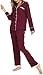 Vlazom Damen Schlafanzug Zweiteiliger Damen Pyjama mit Knopfleiste V-Ausschnitt Pyjama Set für Frauen Umlegekragen Lange Hose mit Gummibund Zweiteiliger Sleepwear(M,Weinrot)
