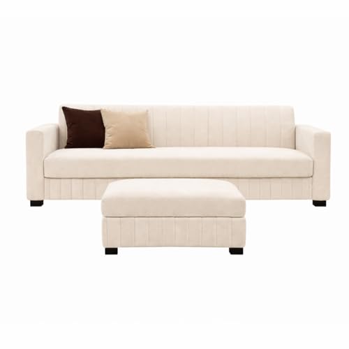 Image of FURNY Almora 4 Seater L Shape Sofa Set with Movable Ottoman | Flexible Left or Right Layout | Plush Velvet Fabric (Cream) | Perfect for Living Room, Guest Room & Office