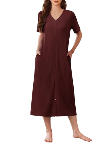 Image of Ekouaer Zip Up Robe for Women Long Housecoat Waffle Knit Bathrobes Cozy Full Length Nightgown with Pockets S-4XL