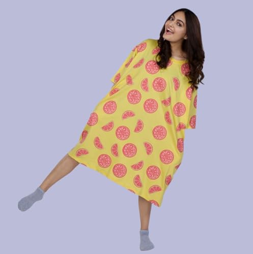 Image of LAMA STORE Women's Printed Oversized T-Shirt Dress, Cotton, 3 /4 Sleeve Length, Casual Loose Fit, Comfort Wear Extra Comfy Oversized Printed Pocket T-Shirt Dress