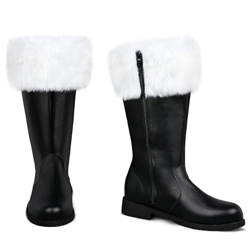 FancyFun Christmas Santa Boots Men Christmas Santa Claus Boots for Men Adult Wide Calf Costume with White Fur Set A 10-11