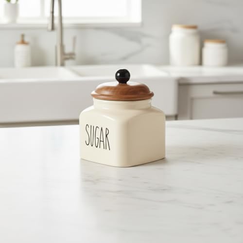 Image of Ceramic Sugar Jar Container Airtight Kitchen Storage Containers with Wooden Lids - Handcrafted Ceramic Canisters for Countertop, Pantry & Home Decor - 600ml, Beige