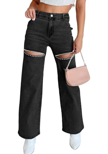 Unybwonn Women High Waist Baggy Ripped Jeans Rhinestone Trim Bling Denim Pants Y2k Straight Wide Leg Pants Streetwear