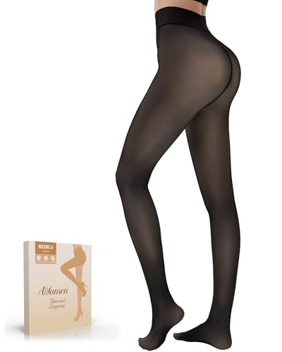 Bebila Fleece Lined Tights Women, Fake Translucent Warm Tights for Winter Sheer Pantyhose Thermal Leggings (US, Alpha, Large, Regular, Regular, fake translucent black)