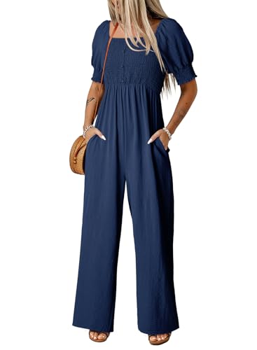 Dokotoo Women's Jumpsuit 2025 Summer One Piece Square Neck Flowy Office Overalls Drawstring Maternity Petite Wide Leg Cruise Outfits Plus Size with Pockets,Navy Blue Medium