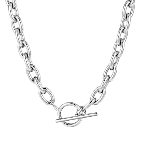 TEN MIRO 18k Chunky Gold Necklace for Women Sweatproof, Non Tarnish Chunky Cross Necklaces Thick Gold Layering Hammered Bold Necklace Stacks Toggle Necklaces for Women