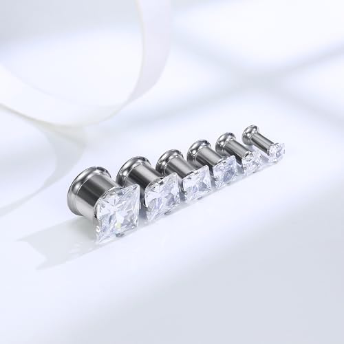 ASTM F136 Titanium Square CZ Ear Gauges Screw Fit Flesh Tunnels Plugs Gauges Earring Expander Stretcher Ear Tunnels for Ears 8G 6G 4G 2G 0G 00G Plug Earrings Piercing Jewelry for Women Men4