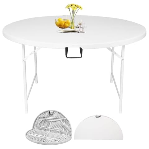 Vilobos 4 FT Round Folding Table, 48” Dia Portable Plastic Table for 4 to 6 Seat, Party Banquet Table for Conference Card Camper Wedding Dining Outdoor Picnic Family Festival Events,1 Pack White Cover